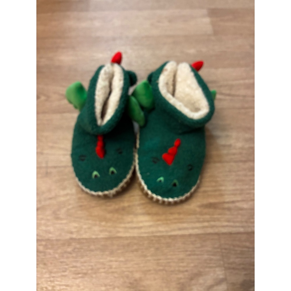 Hanna Andersson Kids Dragon Slippers Green Fleece Faux Shearling Size 13-1Y